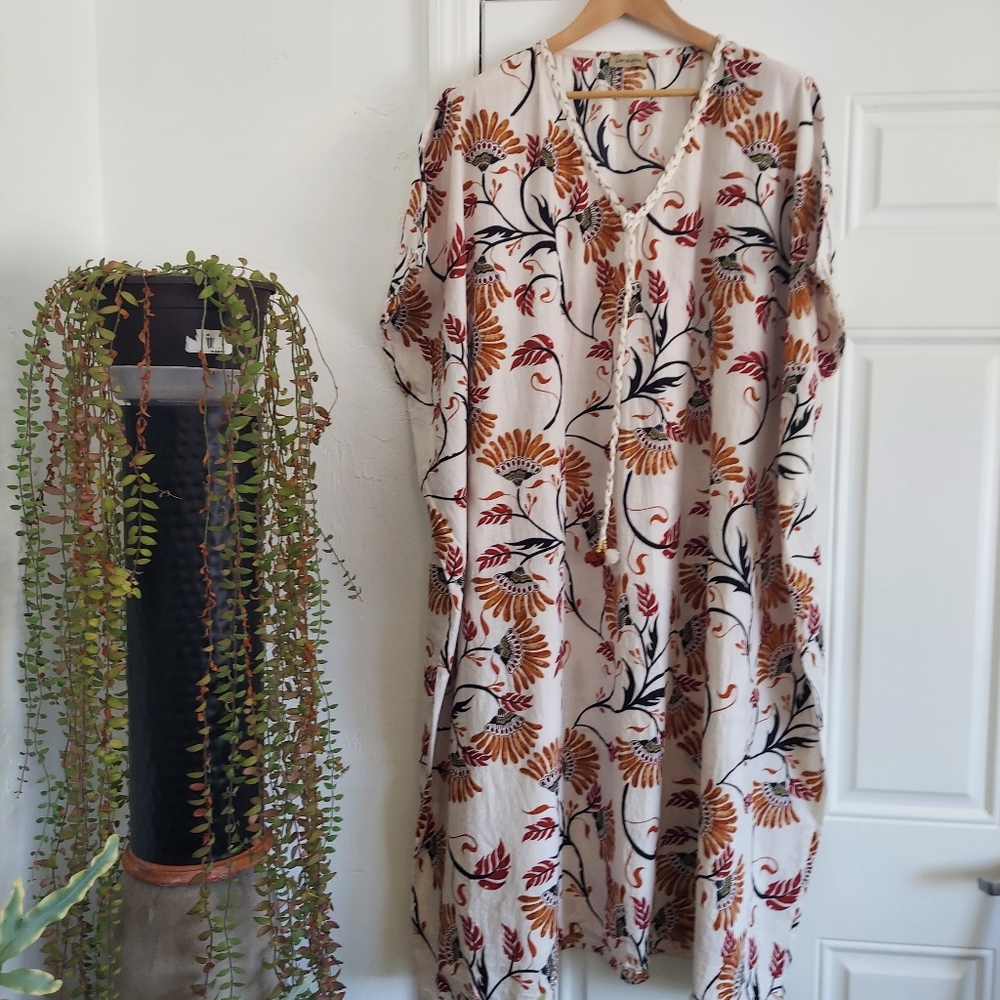 Luxury Resort Wear | Boho Floral Cream Maxi Dress with Rust and Black Print